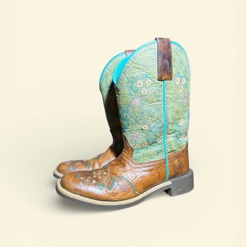 Kids Embroidered Brown and Green Boots - Picture 2 of 14